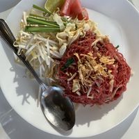 Beet dyed noodle  at Satdha Plant Based Thai Kitchen in Santa Monica