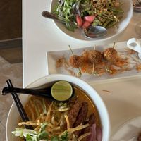Ramen, croquettes and snap pea saladd  at Satdha Plant Based Thai Kitchen in Santa Monica