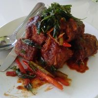 eggplant catfish at Satdha Plant Based Thai Kitchen in Santa Monica