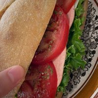 Ciabatta with vegan ham and cheese filling  at URT 유알티 in Seoul