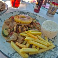 Vegan curry... Seitan in curry sauce with veg, chips and rice at Bahia Beach in Tenerife