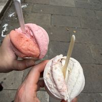  Blood orange mint, strawberry sorbet; raspberry cheesecake, banana peanut gelato. I am too cultured to notice such things but my wife loved that they look like vulvas    at Gocce di Latte Vegana in Barcelona