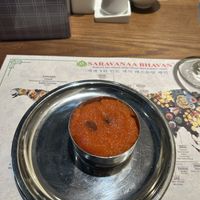 Sooji kesari made of semolina and sugar and vegan ghee  at Saravanaa Bhavan in Seoul