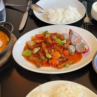 banquet mains - aubergine dish, sweet sour tofu dish, vegan chicken red curry at Chaophraya in Glasgow