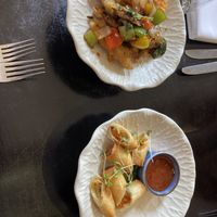 Aubergine starter and spring rolls which  at Chaophraya in Glasgow