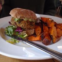 Vegan burger and sweet potato fires. at Wild Thyme in Norwich