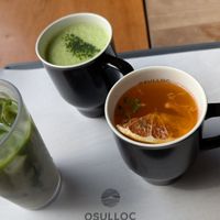 Matcha latte with oat milk (hot and cold) plus a hot tangerine juice at Osulloc Tea Museum in Jeju