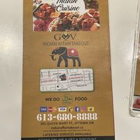 Menu  at Indian Affair Takeout in Ottawa