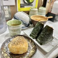 Tea, tofu soup, grilled miso onigiri, natto and peanut miso onigiri  at Onigiri Gorichan in Osaka