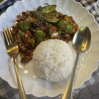Aubergine stirfry with chili paste and rice, absolutely amazing!  at Studiyo bar in Bangkok