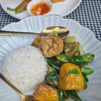 stir fried vegetables with tofu and rice at Studiyo bar in Bangkok