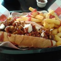 Pulled P dog and chips at Jumping Bean in Durham