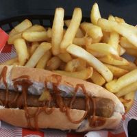 Currywurst and chips at Jumping Bean in Durham