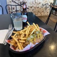 Loaded classic hotdog and fries. So good! at Jumping Bean in Durham