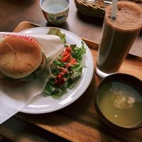 Burger set and cacao cashew milkshake at Organic House Salute in Kyoto
