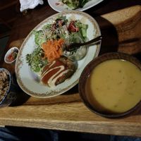 soy meat burger plate at Organic House Salute in Kyoto