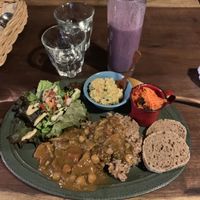 The veg curry with rice with a blueberry banana smoothie. at Organic House Salute in Kyoto