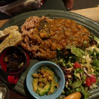 Dinner 2 - Rice and curry, fresh salad, shitake, veggies, bread. at Organic House Salute in Kyoto
