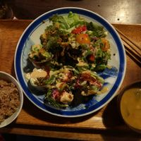 Dinner 1 - Modern sushi rolls with fresh salad, rice and soup at Organic House Salute in Kyoto