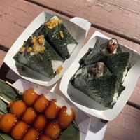 Dango and Curry corn and Eggplant and Garlic Shiitake omusubi  at Omusubi Bar Suzume in Toronto