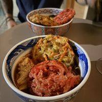Yuba ‘egg’ soba with extra tempura  at Vegan Soba Tokyo Ayler in Tokyo