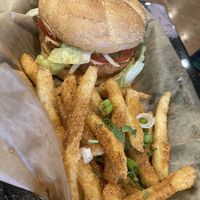 Hubbys chkn sandwich! It is definitely a craving satisfier as a vegan. Very good masala fries too! at Bombay Food Junkies in St Louis