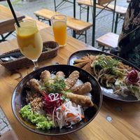 Crispy nems, udon noodles with fried mock chicken, and a mango lassi and juice.  at Dream Vegan in Berlin