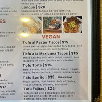 Vegan section of menu  at El Cantarito in Portland