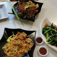 Laksa fried noodle and crispy fried noodles with Gai Lan  at Yuan Vegetarian Bistro in East Singapore