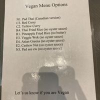 vegan menu at Bann Thai  in Vancouver