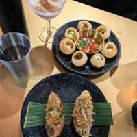 Jackfruit bruschetta with Thai herbs, Yum Tofu Bombs at First Draft Bar & Kitchen  in Norwich