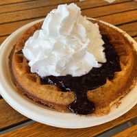 Vegan Gluten free waffle with blueberries sauce and coconut whipped cream.   at Krause Farms in Langley