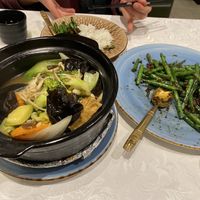 Mushroom tofu hotpot (left) green beans and pork mince (right)  at Veggie Inn  in Footscray