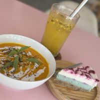 Pumpkin soup and lime Cheesecake 🫶🏼  at KURUMI - Healthy Vegan Food & Desserts in Hoi An