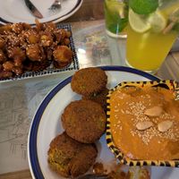 Muhamara, buffalo cauliflower, falafel and passion fruit lemonade at El Kasbah in 