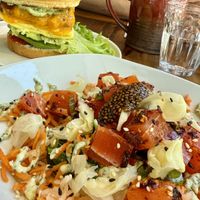 Seaweed Salad and Breakfast Chicken Burger  at AM Cafe in Vancouver