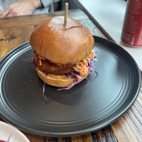 Gochujang burger  at AM Cafe in Vancouver