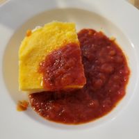Polenta with vegan cheese in the middle at Sol Veggie in Logrono