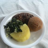 Callaloo (spinach), fried dumpling, mock meat (most likely soya chunks) stew & yam  at Mis Dixon in Port Antonio