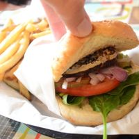 Tempeh burger (delicious patty) & fries & pickle at Afternoon Deli in Grass Valley