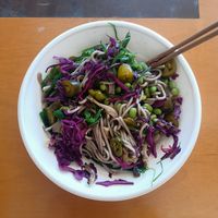 Soba noodle bowl with marinated mushroom, after mixing at Poked  in Clayton