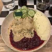 Vegan meatballs with mashed potatoes and lingonberry jam   at Meatballs & Pancakes in Stockholm