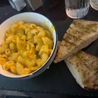 Vegan Mac and cheese with garlic breadd  at The Fox and Faun in Edinburgh