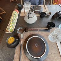 Vegan sushi and pumpkin soup starter  at Uni Sushi Bar in Larnaca