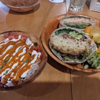 Chickpea mushroom burger with a side of avocado salad at All The Way Live in Philadelphia