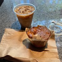 Vegan muffin and almond latte at Coffee Project New York in New York City