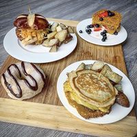 Wonton burger (amazing) French toast. Doughnut. Just egg griddle cakes   at Glory Doughnuts & Diner in Frederick