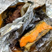 Plantain & bean (dessert one) and green veg (watch out, that sauce is extra spicy)  at Tamales Lataba in Bacalar
