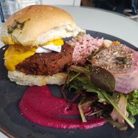 Vegan burger and salad at The Lighthouse Cafe in Galway