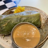 Salad roll (summer roll?) with the best peanut sauce ever!!  at Le Botaniste - Penn Plaza in New York City